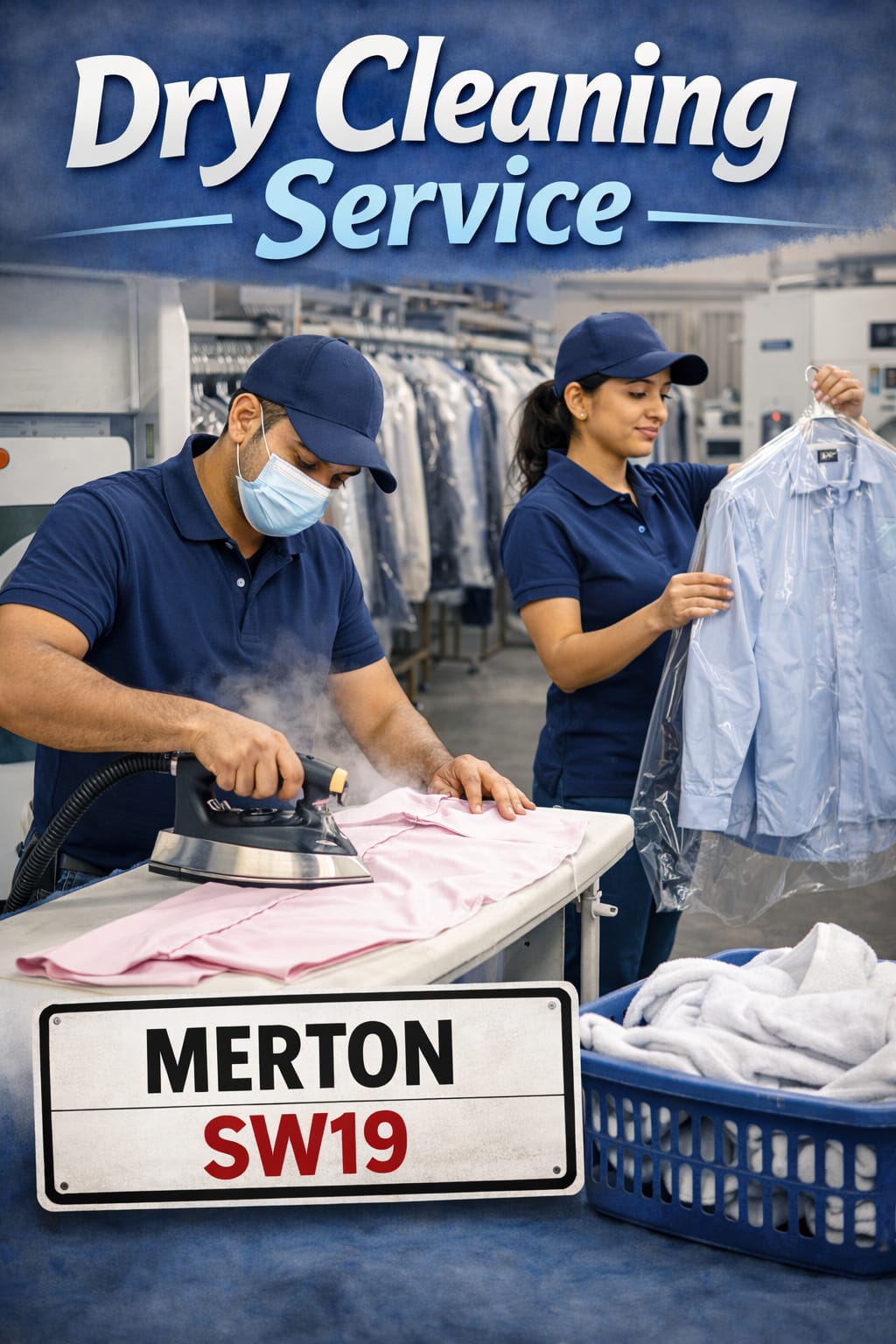 Dry cleaning professionals pressing and packaging garments at The Big Wash laundry service in Merton SW19, showing quality garment care